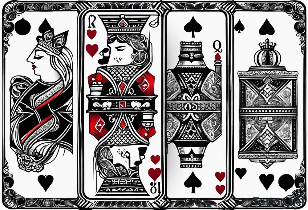 one playing card with both queen of hearts and king of spades in extreme minimalistic style tattoo idea