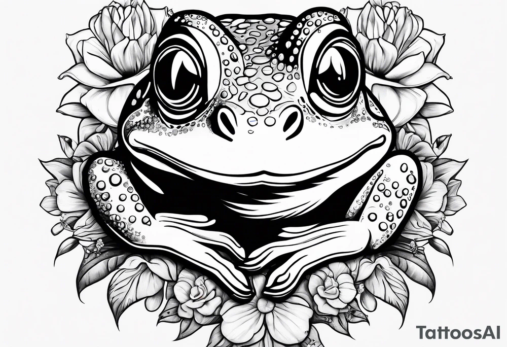 Frog with engagement ring and flowers and sharks tattoo idea