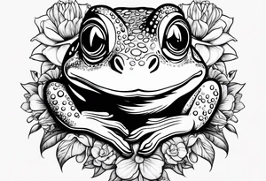 Frog with engagement ring and flowers and sharks tattoo idea
