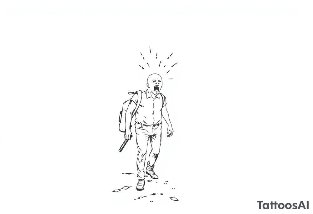 Confusion and pressure in thin lines on screaming solo traveler with no face with his skin ripped left on the path he passed tattoo idea