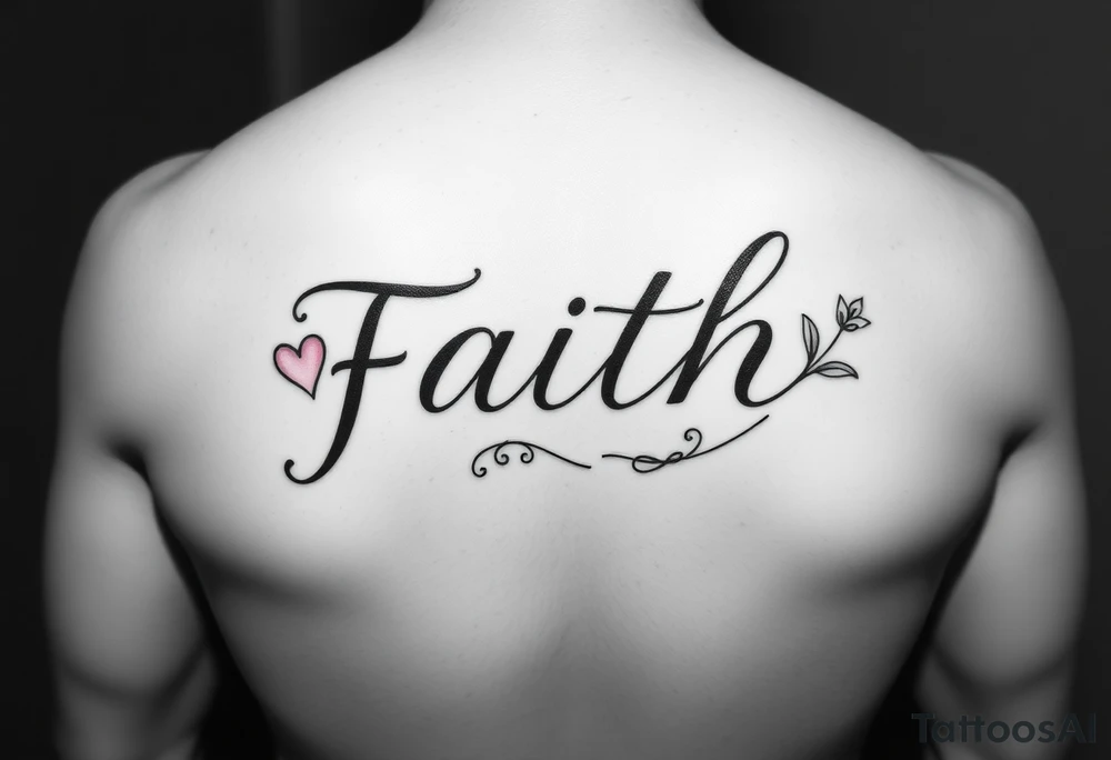 One Script horizontal  word faith  letter I having a pink heart and the t being a cross with an April flower at  that end and a scrolled stem w 2 leaves tattoo idea