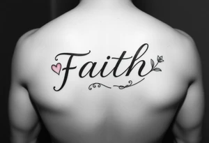 One Script horizontal  word faith  letter I having a pink heart and the t being a cross with an April flower at  that end and a scrolled stem w 2 leaves tattoo idea