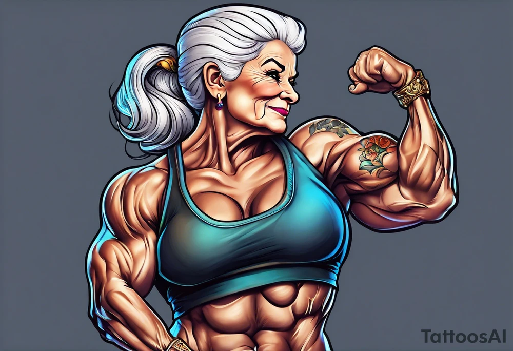 Muscular old lady bodybuilder posing. tattoo idea