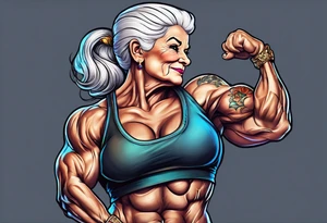 Muscular old lady bodybuilder posing. tattoo idea