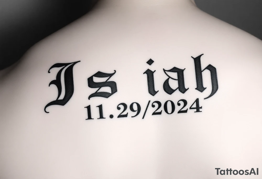 The name Isaiah in old english font and the date 11/29/2024 in Roman numerals tattoo idea