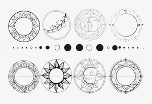 Moon phases in horizontal line, crystal, floral tattoo idea