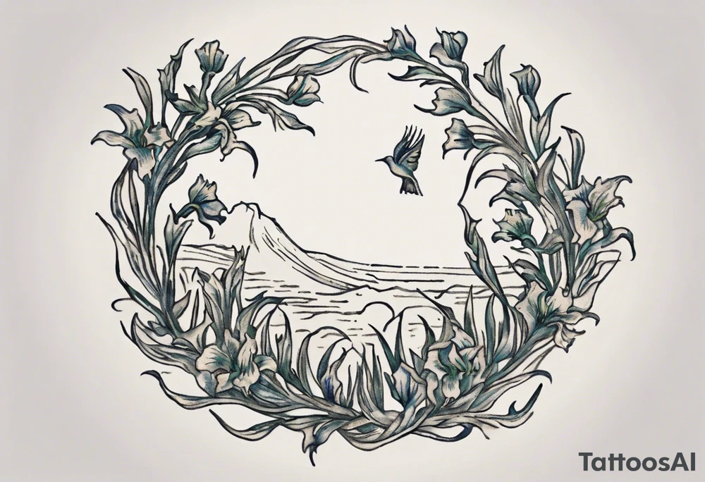 Create a small Vincent van Gogh Irises tattoo. The tattoo should take the form of a crescent, with vines gracefully intertwining at a central point in the middle of the wreath with a bird. The intended placement is on the upper chest. The overall design should be small in size while maintaining a delicate and artistic aesthetic. Pay attention to the graceful flow of the vines and the placement of the irises to achieve a refined and elegant look. tattoo idea