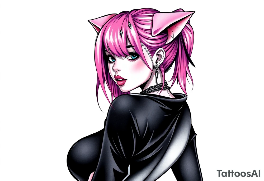 hot goth girl with puppy ears and with piercings on face and big boobs and big butt with black outfit on with pink hair tattoo idea