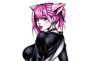 hot goth girl with puppy ears and with piercings on face and big boobs and big butt with black outfit on with pink hair tattoo idea