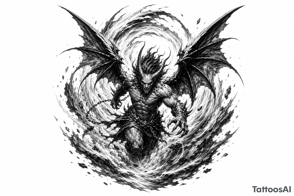 Winged air demon emerging from a swirling wind vortex, dark fantasy style. tattoo idea