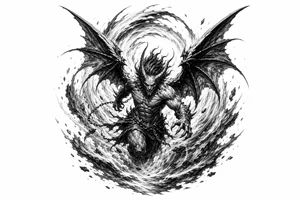 Winged air demon emerging from a swirling wind vortex, dark fantasy style. tattoo idea