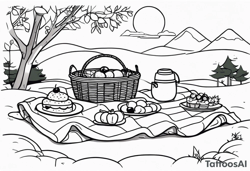 Light, minimalstic picnic scene in nature. A blanket on the ground with picnic-basket with lid, pillows and party tennants. Thin lines. tattoo idea