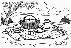 Light, minimalstic picnic scene in nature. A blanket on the ground with picnic-basket with lid, pillows and party tennants. Thin lines. tattoo idea