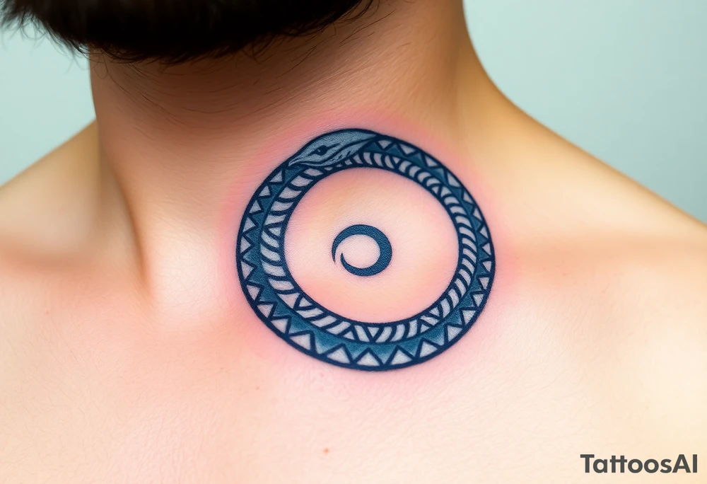 A blue and silver Ouroboros snake forming cyrcle, with cosmic patterns resembling a swirling galaxy within its body. tattoo idea