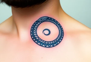 A blue and silver Ouroboros snake forming cyrcle, with cosmic patterns resembling a swirling galaxy within its body. tattoo idea