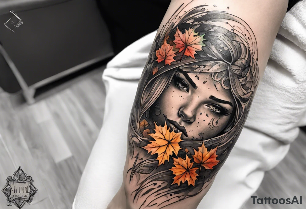 Knee tattoo in fall colors with water flow washes tattoo idea