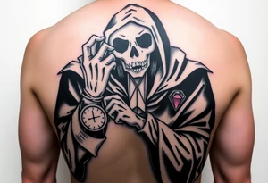 Simple grim reaper looking at a watch on his wrist with a hourglass with red sand and diamond geometric shapes for the thigh tattoo idea