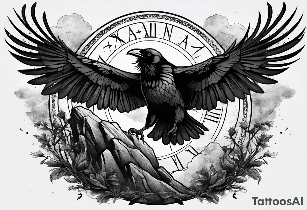 raven landing on a rock with the roman numeral seven and the text Omnia Urunt inscribed on it. tattoo idea