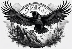 raven landing on a rock with the roman numeral seven and the text Omnia Urunt inscribed on it. tattoo idea
