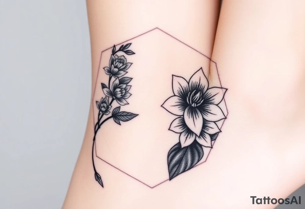 Hexagon Leo larkspurs and water lilies tattoo idea