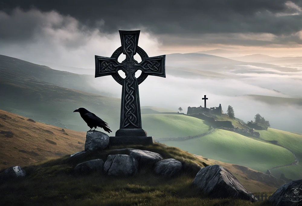 A stone Celtic cross solemnly standing atop a hill, a raven perches atop the cross staring out over the desolation. A ruined stone wall lies crumbling near the cross. Mist rolls along the hilltops adding to the melancholic nature of the scene tattoo idea