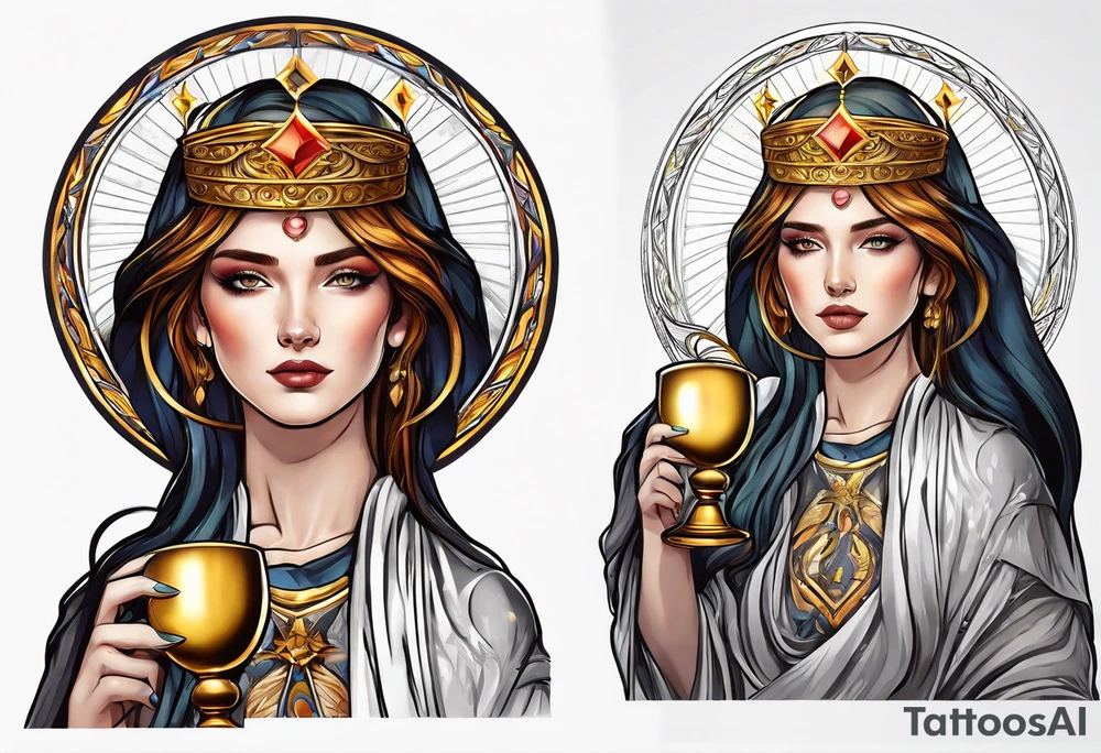 holy saint woman with golden halo holding a chalice tattoo idea