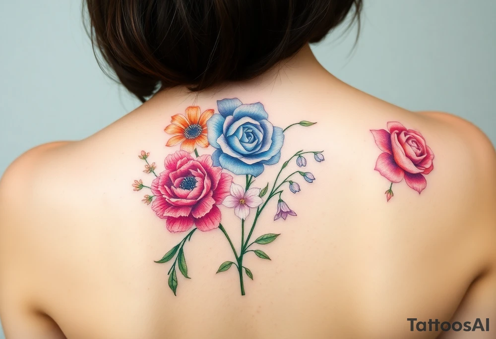 Bouquet of flowers starting upper middle back with stems down spine with a aster, carnation, rose, Lily of the valley, larkspur with stems Starting upper middle back to right shoulder tattoo idea