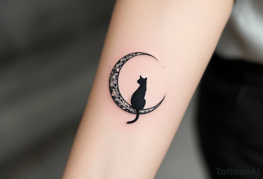 Moon Cat Silhouette – A black cat arching its back, standing in front of a crescent moon with muted silver and gray details. tattoo idea