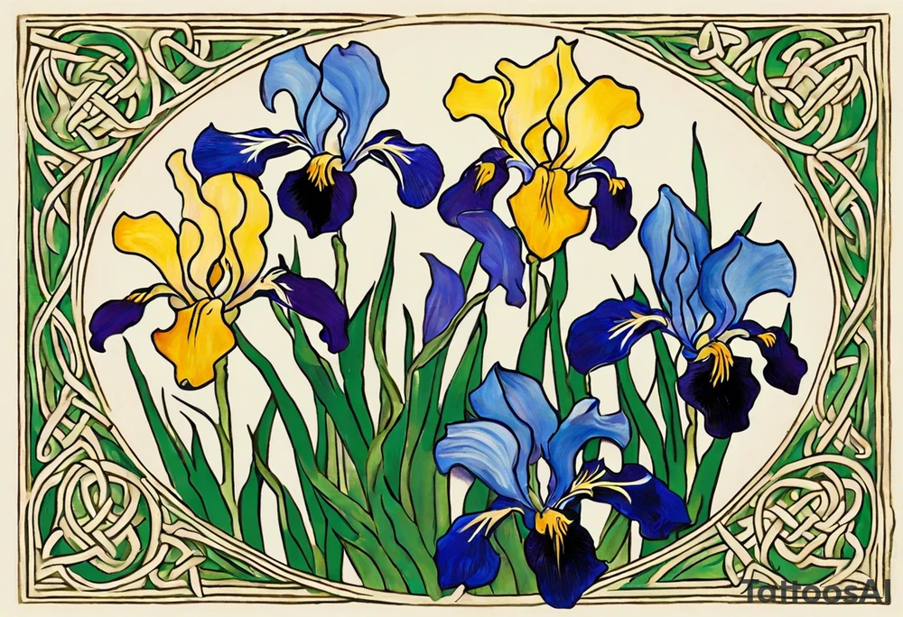 Create a condensed, thick, colorful Vincent van Gogh's Irises tattoo, with vines in Celtic knots gracefully holding mountains. The intended placement is on the upper chest. The overall design should be small in size while maintaining a delicate and artistic aesthetic. Pay attention to the graceful flow of the vines and the placement of the irises to achieve a refined and elegant look. tattoo idea