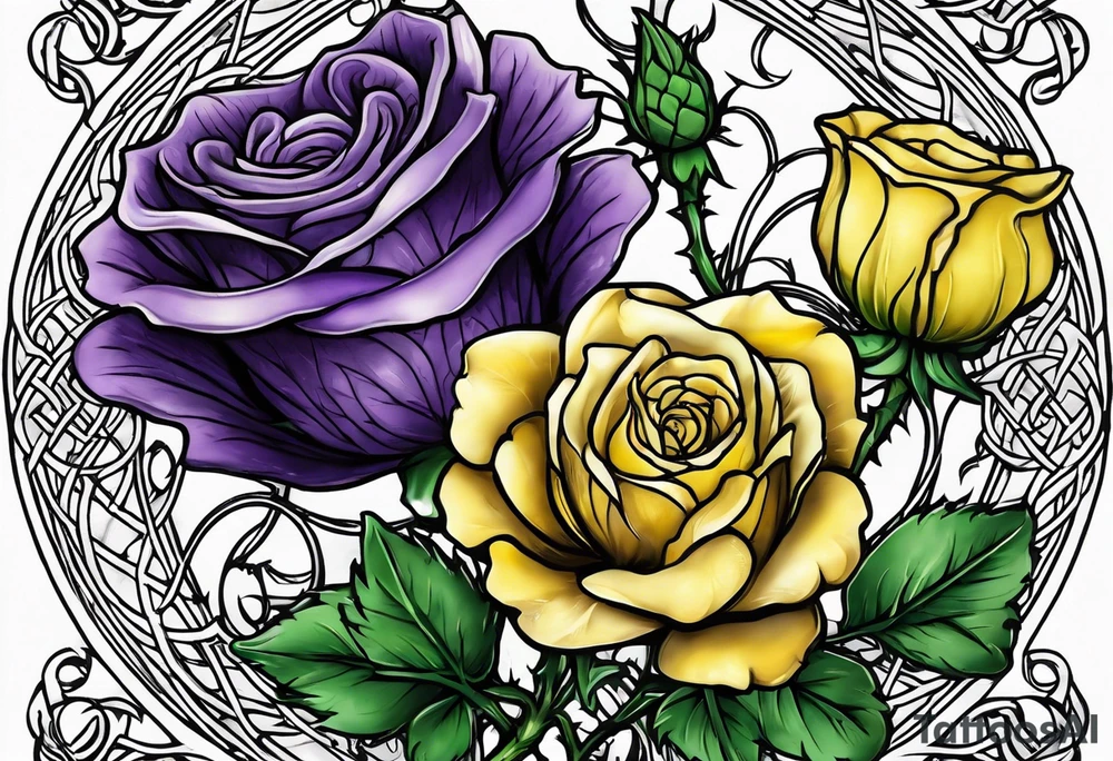 Purple thistle, yellow rose and shamrock with stems intertwined spelling KND in celtic lettering tattoo idea