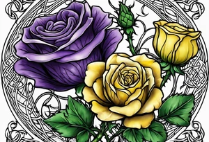 Purple thistle, yellow rose and shamrock with stems intertwined spelling KND in celtic lettering tattoo idea
