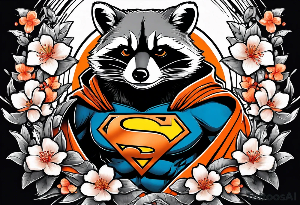 Raccoon wearing a white Superman logo on a black hoodie and orange Japanese cherry blossoms tattoo idea