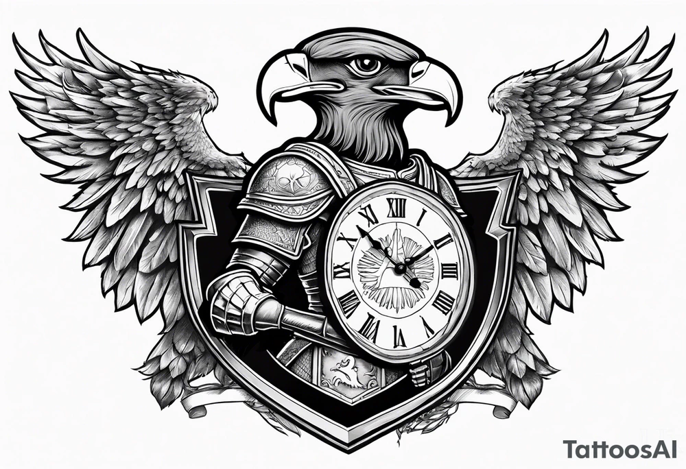 Serbian knight holding a shield with the Serbian eagle in the shield with a clock around him tattoo idea
