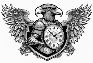 Serbian knight holding a shield with the Serbian eagle in the shield with a clock around him tattoo idea