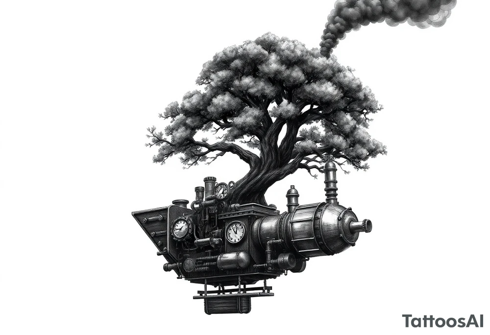 tree growing out of a v shaped engine with lots of pipes, guages and steam around the engine 
 with a smoke stack coming out of the top 
 billowing black smoke as if the tree and engine were a flying machine flying through the air 
 with an extreme steam punk vibe alot more steam punk 
it should look somewhat like a hot air baloon where the tree is the balloon and the machine is the basket but they are together as one unit, and the sky should have clouds in the back ground as if it were chugging along flying through the sky and needs to look extremely steam punk
the smoke stack should be coming out of the tree and the smoke should be trailing behind the machine 
the tree is the actual smoke stack for the machine 
the smoke stack should be a branch pointing up and out with smoke billowing out of it tattoo idea