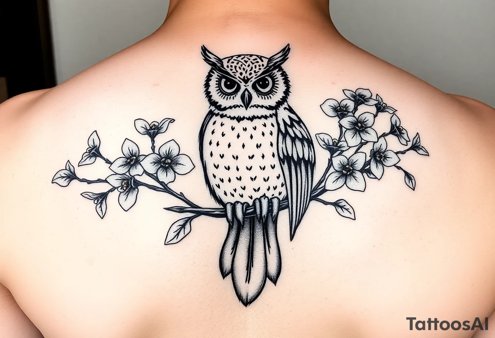 Day of the dead owl sitting on a branch of violets tattoo idea