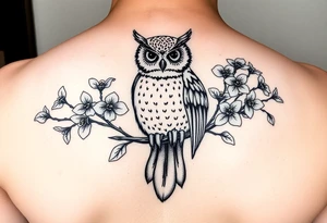 Day of the dead owl sitting on a branch of violets tattoo idea
