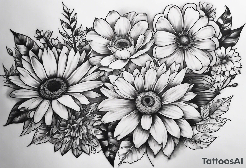 tattoo to represent that I have 3 children (girls). For inspiration I like flowers, the beach. Tattoo is for ribcage down side of body. I don't want images of women or girls in it. I want it pretty. To include daisy flowers, roses tattoo idea