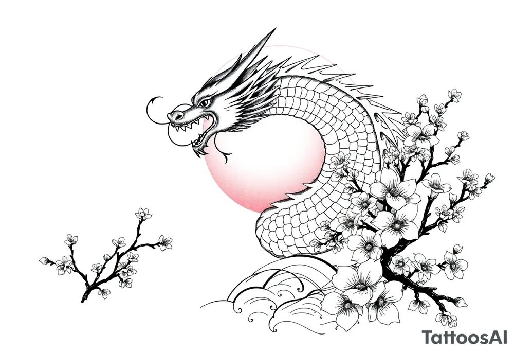 Dragon sunset Japan cherry blossoms tattoo idea