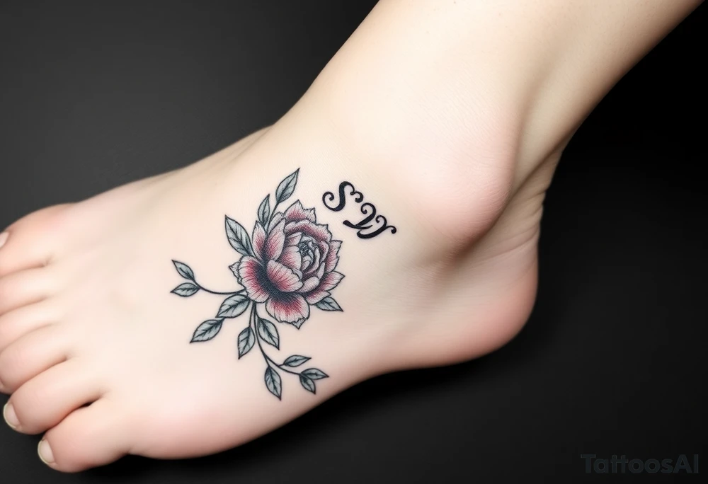 please create an ankle tattoo that is dainty.  There should be vining green leaves that wrap around the circumference of the ankle  at the ankle bone there should be 2 small pink peonies.   the initials SW should be above and at an angle of the peonies and the initials DD should be below and at an angle. tattoo idea