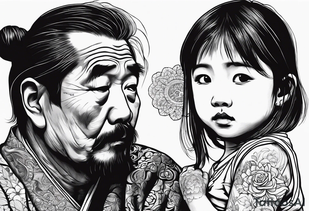 Sad little girl with father spirit holding her tattoo idea