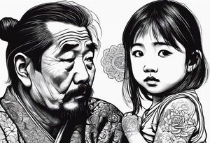 Sad little girl with father spirit holding her tattoo idea
