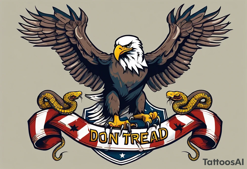 American traditional Bald Eagle carrying a snake in its talons, with a banner reading “don't tread on me” tattoo idea