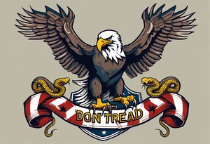 American traditional Bald Eagle carrying a snake in its talons, with a banner reading “don't tread on me” tattoo idea