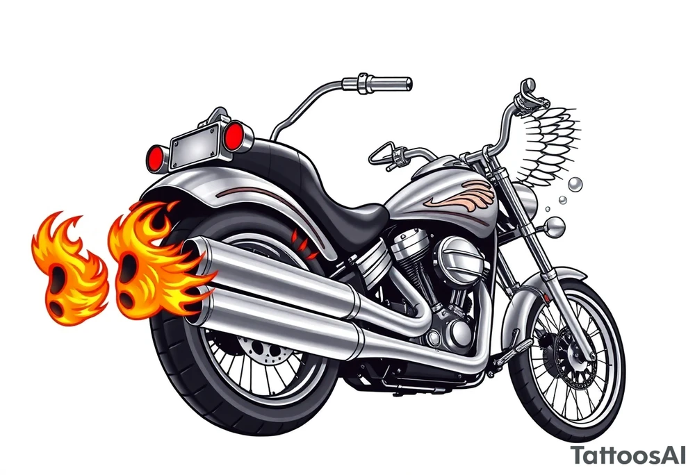 Low rider grey motorcycle, big muffler pipes with flames, angel wings, driving away, no person tattoo idea
