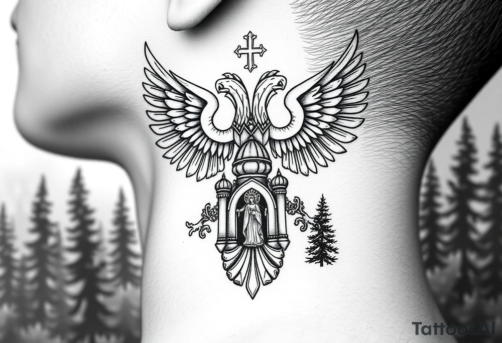 russian coat of arms double headed eagle traditional christian orthodox cross with a virgin mary stood in the entrance of a russian orthodox dome church on the side of the neck in a wilderness setting tattoo idea