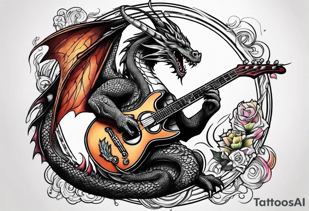 Dragon playing guitar tattoo idea