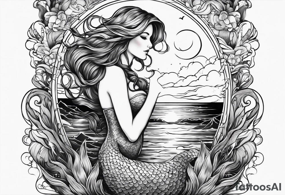 A mermaid looking out into the night sky and ocean horizon tattoo idea