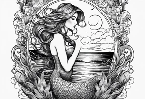 A mermaid looking out into the night sky and ocean horizon tattoo idea