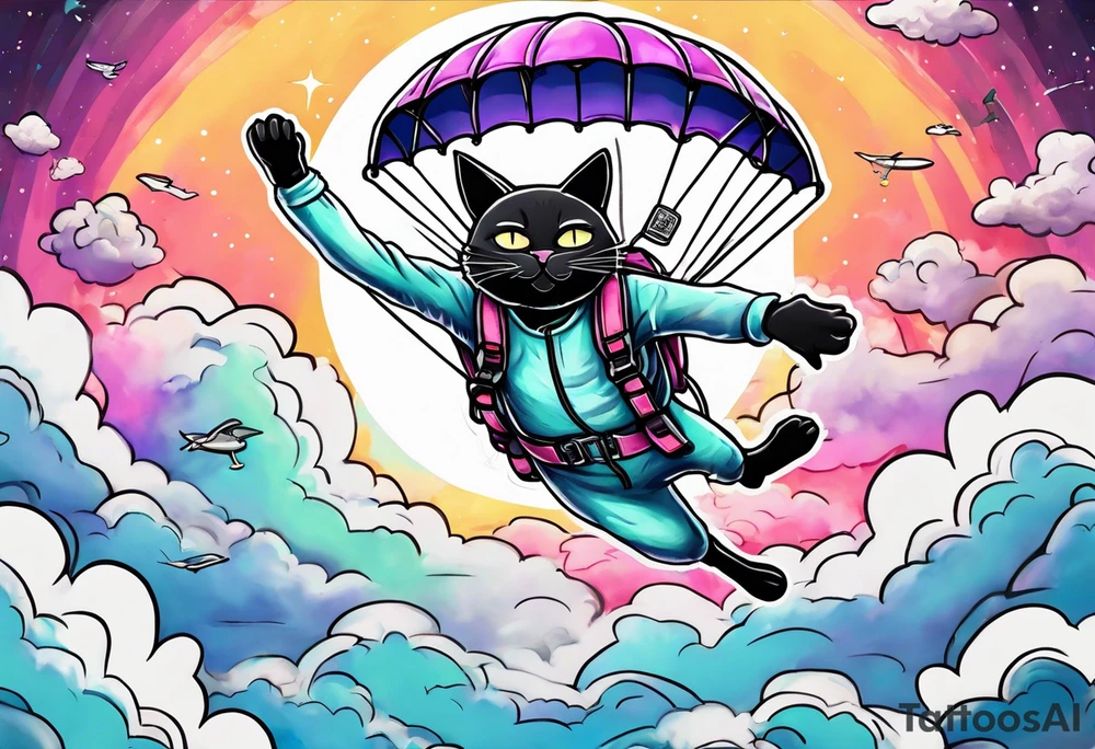 cat going skydiving with parachute in the rick and morty style tattoo idea